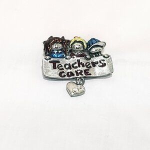 Teachers Care Children Metal Enamel Brooch Pin 1" Vintage AJMC Signed Educators